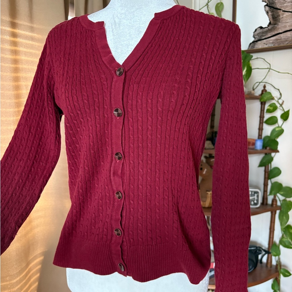 Vintage JEANNE PIERRE Deep Burgundy Maroon Red Cable Knit Button Cotton Cardigan